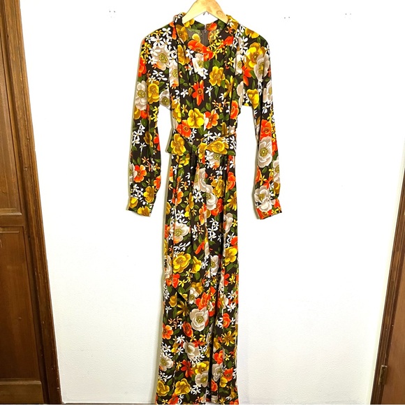 Pants - 1970s true vintage jumpsuit wide leg belted long sleeve sz M L orange brown